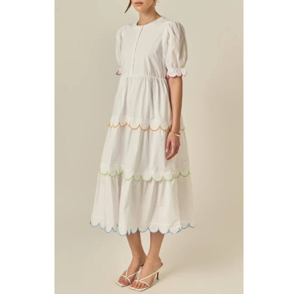 New English Factory Anthro Women's White Multi Scalloped Edge Midi Dress Size S